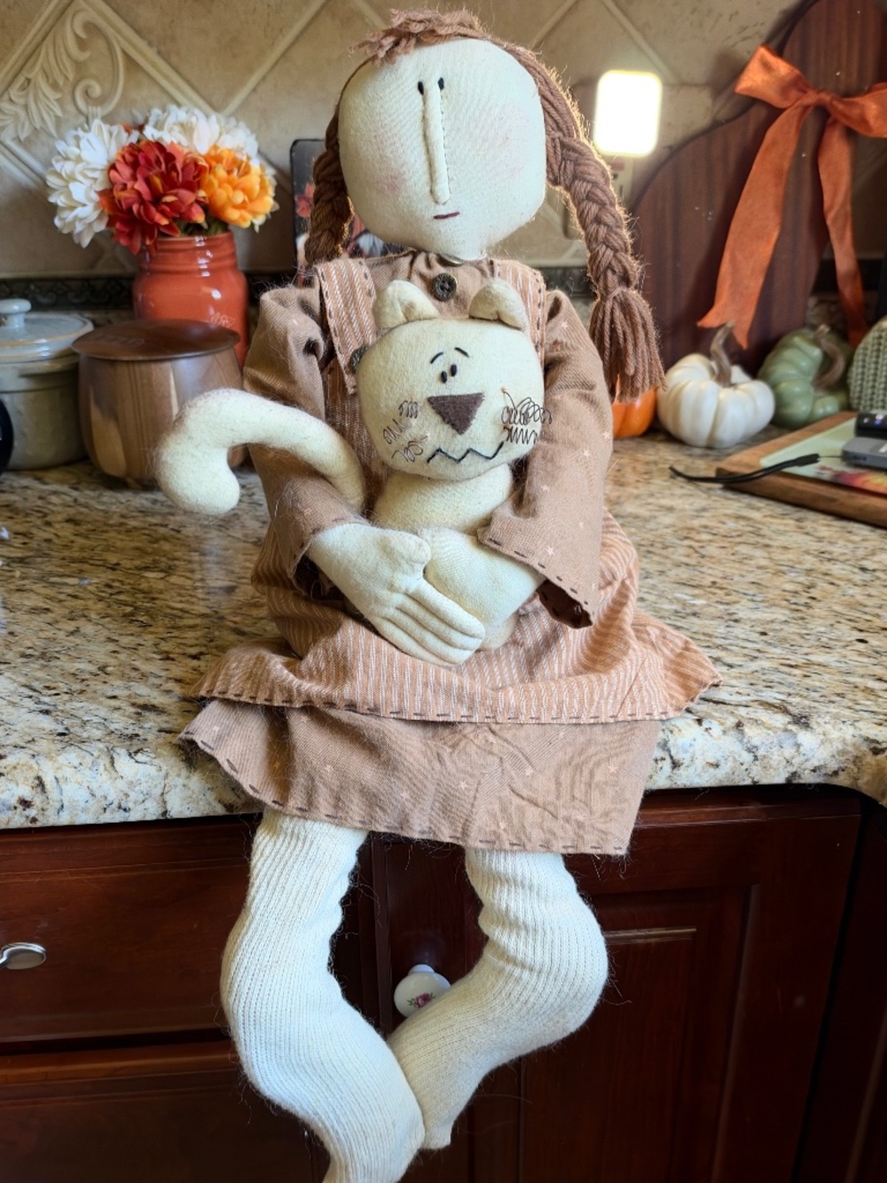 Primitive Vintage Appearing 25 inch Stuffed Doll with Cat. Excellent Condition